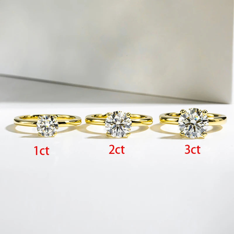 Anel Dourado de Noivado de Moissanite de 1 Ct, 2 Ct ou 3 Ct