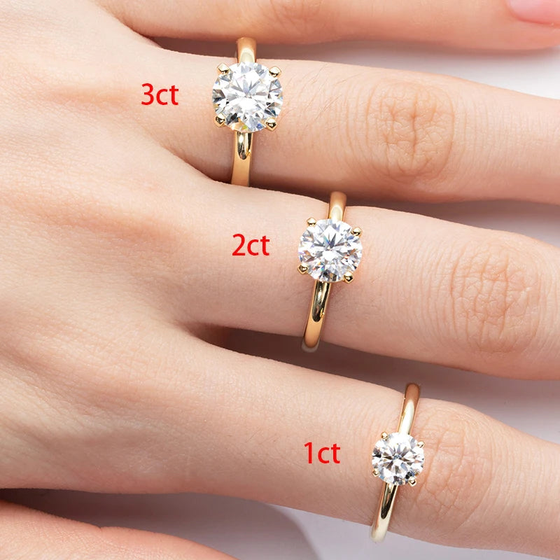 Anel Dourado de Noivado de Moissanite de 1 Ct, 2 Ct ou 3 Ct